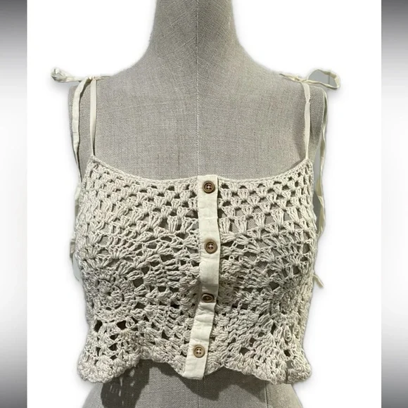 Zara Top Size Small Womens Cream Boho Crochet Cropped Festival Coastal Cotton - Picture 1 of 7